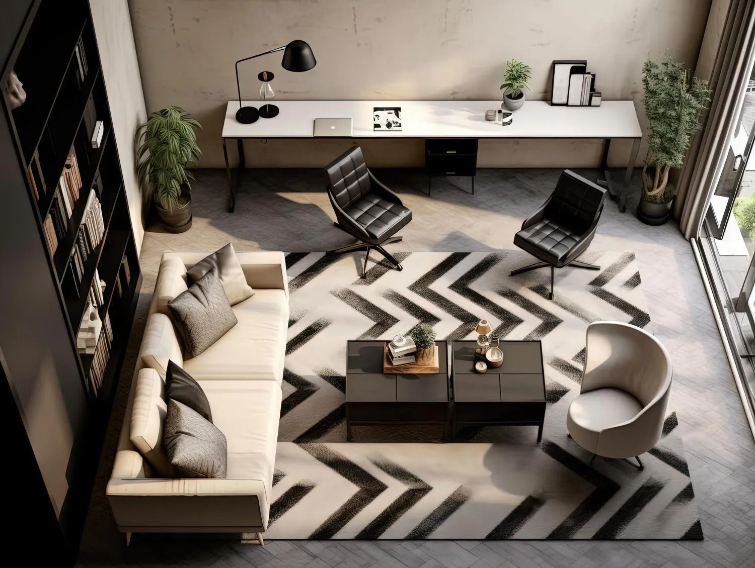 Use Large-Scale, Low-Pile Geometric Rugs